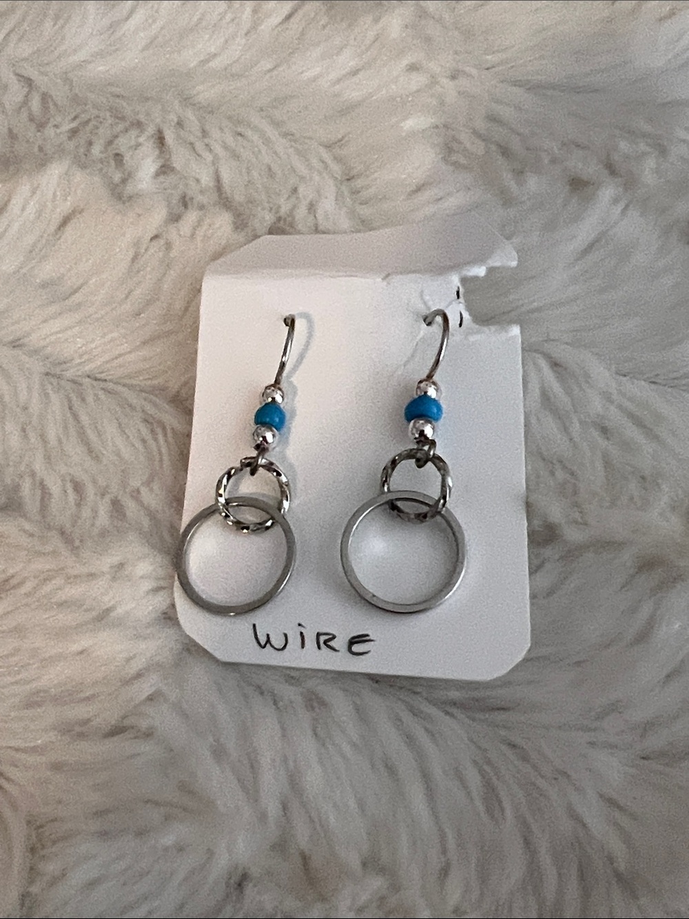 Silver Hoop Drop Earrings with Turquoise Accent Beads
